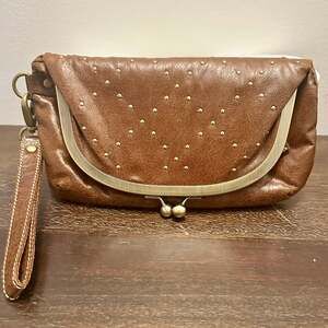 Rampage Kiss Lock Fold Over Clutch Wristlet Brass Hardware Brown